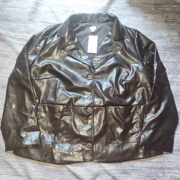 a new day Jackets & Blazers - A‎ New Day Faux Leather Jacket Brown Button Front Blazer 1X